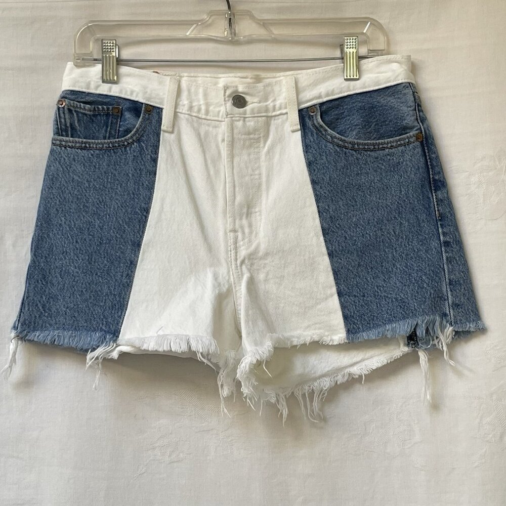 Levis Jean Shorts Womens 29 Wedgie High Rise Cut Off Frayed Blue White Denim
